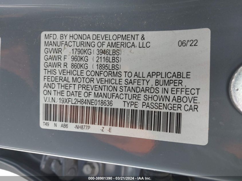 2022 Honda Civic Sport VIN: 19XFL2H84NE018636 Lot: 38981390