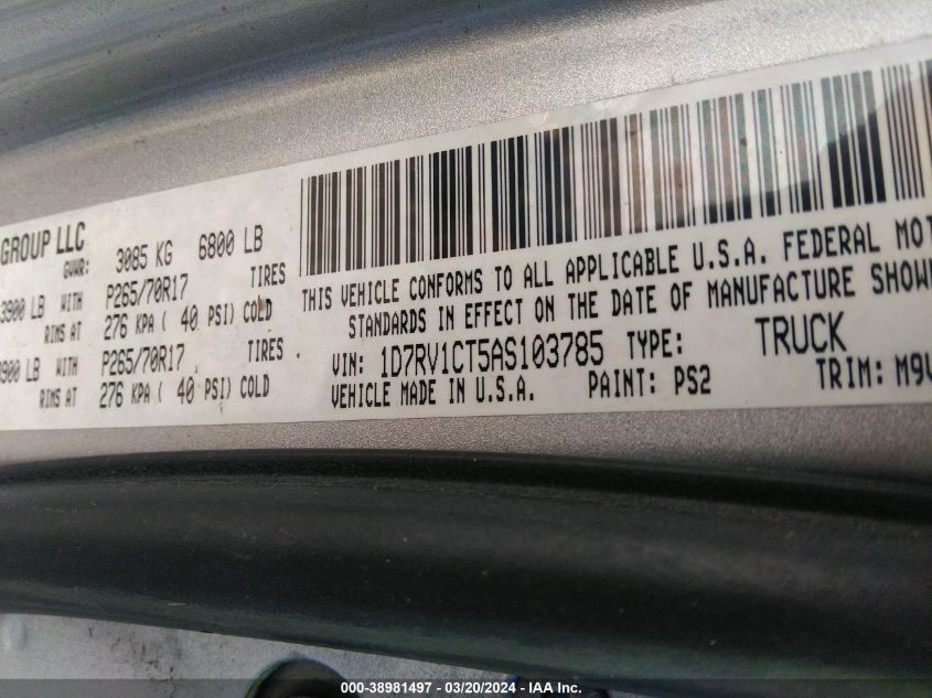 1D7RV1CT5AS103785 2010 Dodge Ram 1500 Slt/Sport/Trx