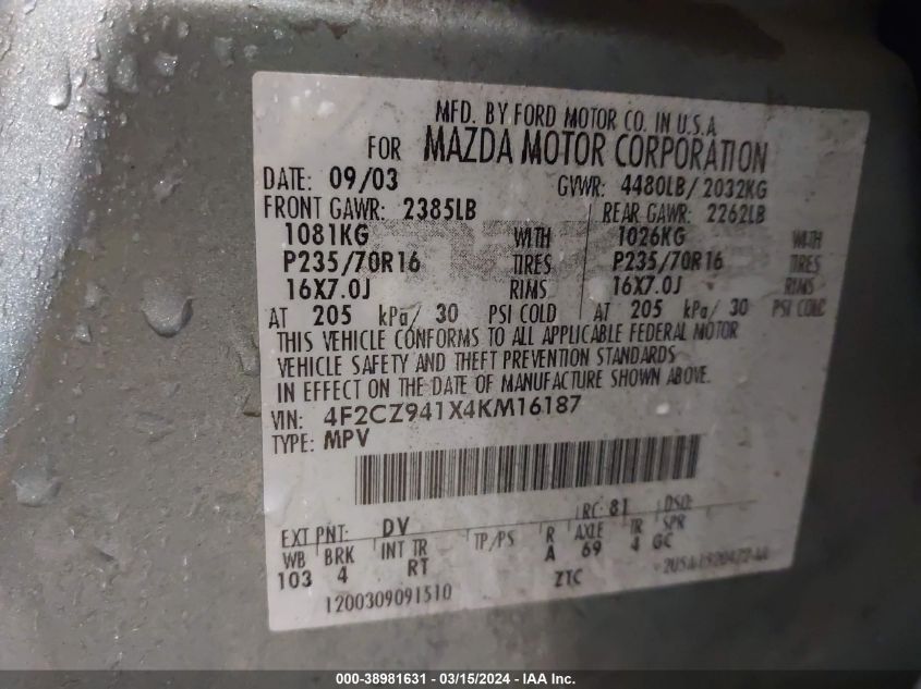 2004 Mazda Tribute Lx V6 VIN: 4F2CZ941X4KM16187 Lot: 39337760