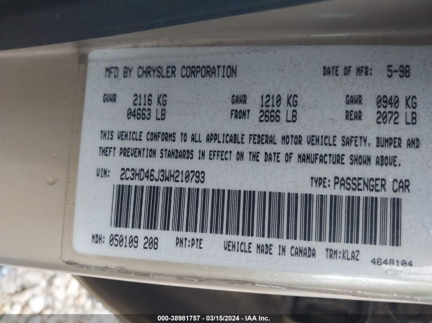 2C3HD46J3WH210793 1998 Chrysler Concorde Lx