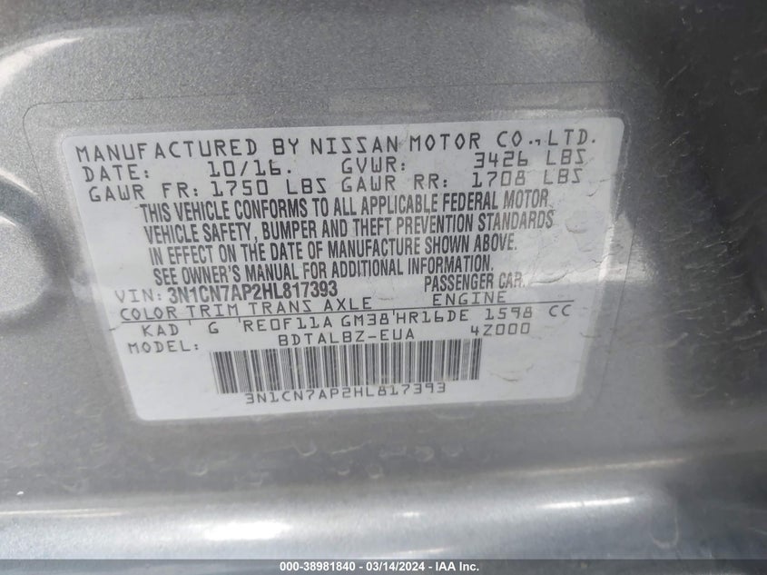 2017 NISSAN VERSA 1.6 SV - 3N1CN7AP2HL817393