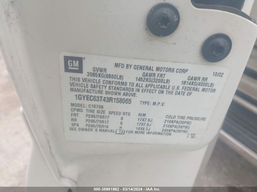 2003 Cadillac Escalade Standard VIN: 1GYEC63T43R158065 Lot: 38981962