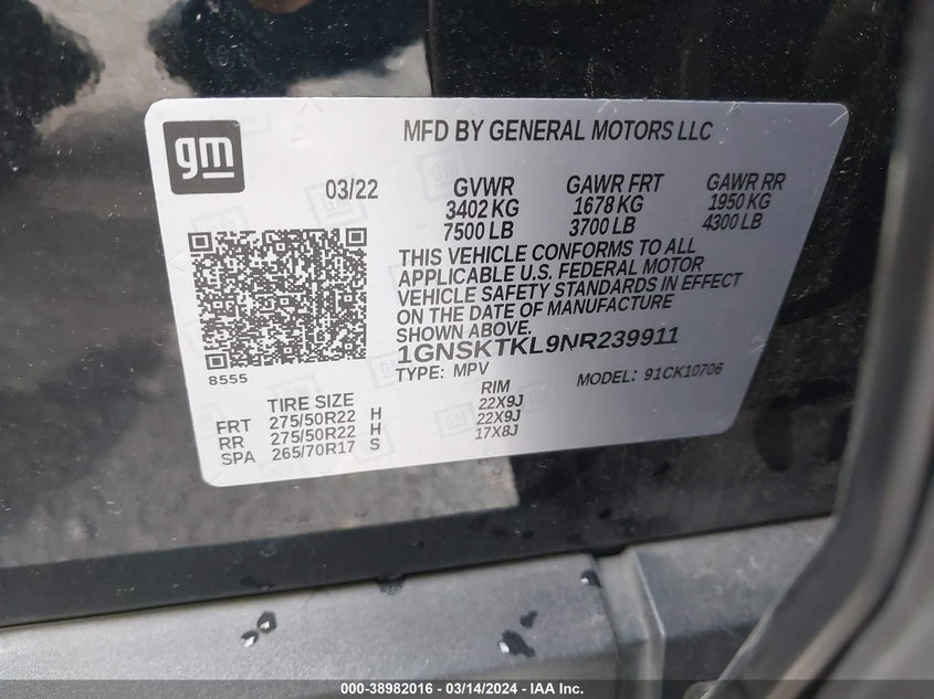 2022 CHEVROLET TAHOE 4WD HIGH COUNTRY - 1GNSKTKL9NR239911