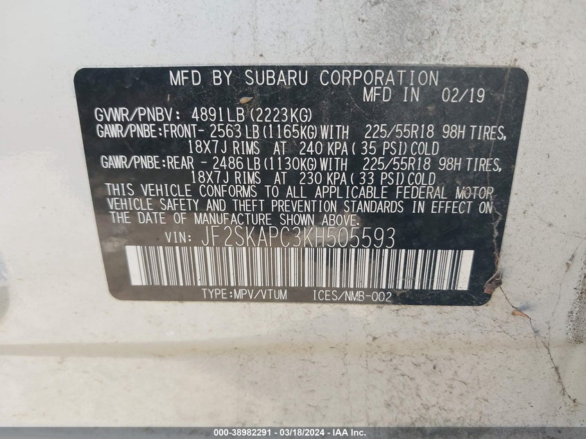 VIN JF2SKAPC3KH505593 2019 SUBARU FORESTER SPORT