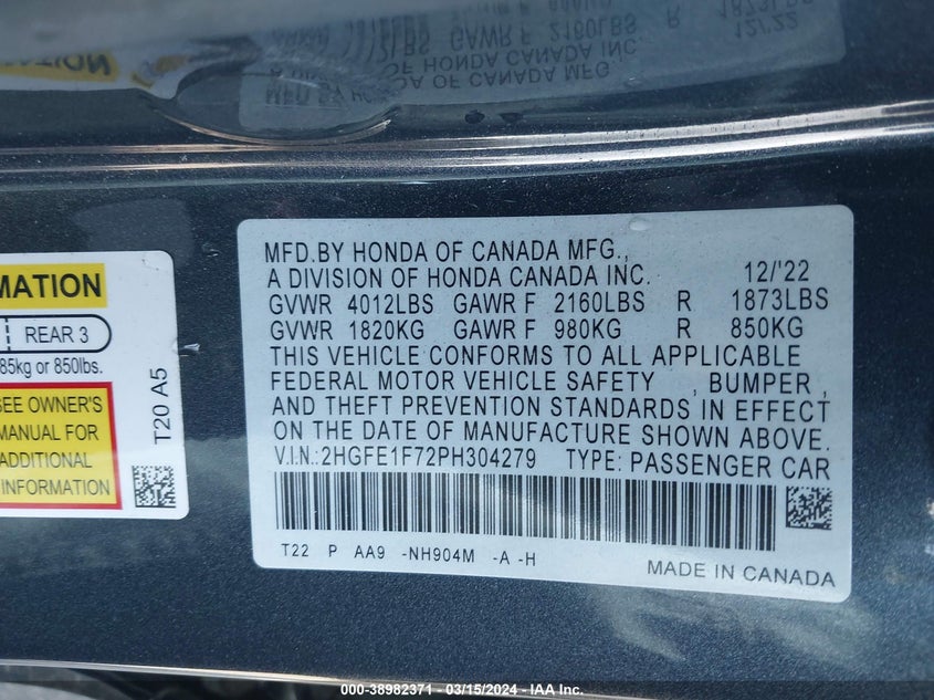 2023 HONDA CIVIC EX - 2HGFE1F72PH304279