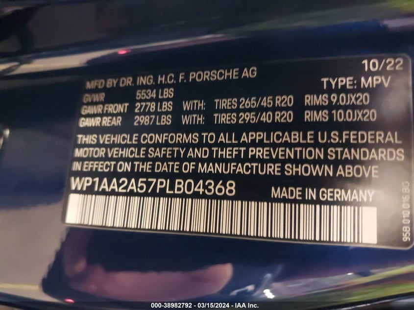 VIN WP1AA2A57PLB04368 2023 PORSCHE MACAN T