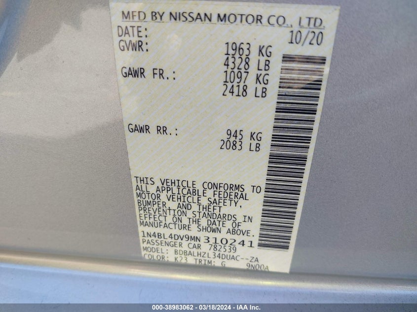 2021 NISSAN ALTIMA 2.5L I-4 DI, DOHC, V(VIN: 1N4BL4DV9MN310241