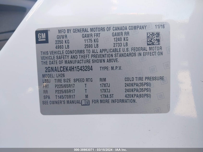 VIN 2GNALCEK4H1543284 2017 CHEVROLET EQUINOX LT