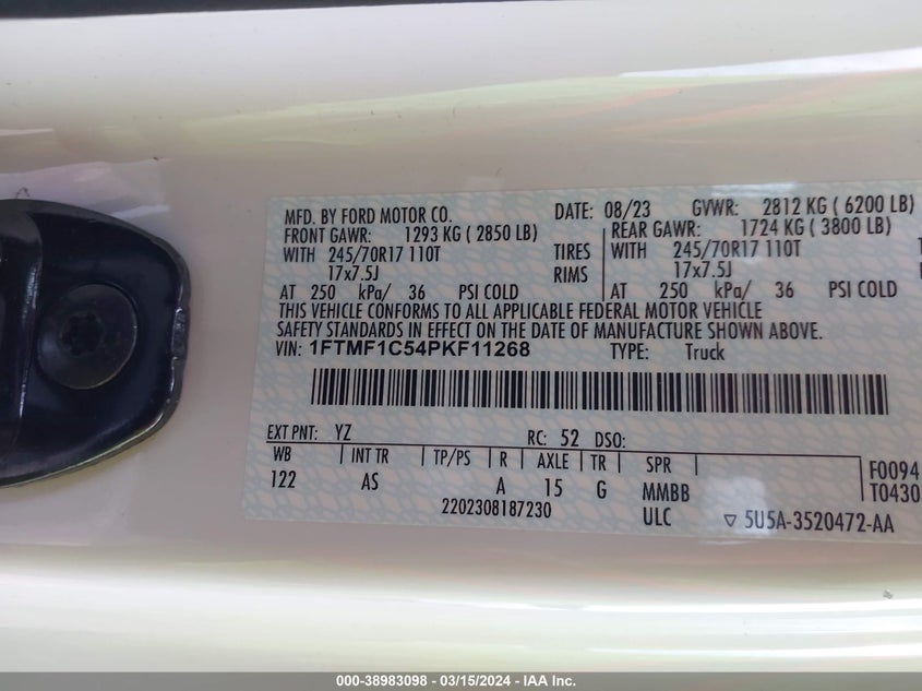 VIN 1FTMF1C54PKF11268 2023 FORD F-150 XL