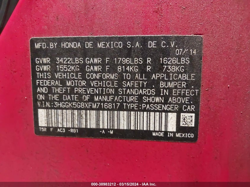 2015 HONDA FIT EX - 3HGGK5G8XFM716817