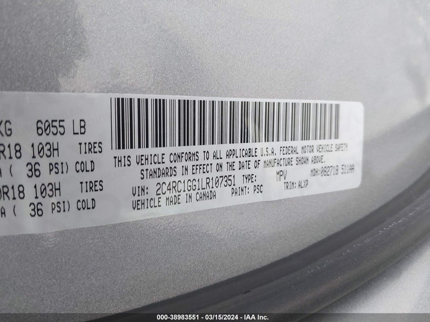 VIN 2C4RC1GG1LR107351 2020 CHRYSLER PACIFICA LIMITED