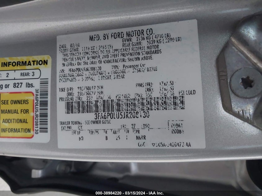 VIN 3FA6P0LU5JR208130 2018 FORD FUSION HYBRID SE