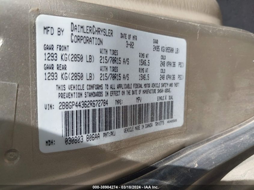 2002 Dodge Caravan Sport VIN: 2B8GP44362R672784 Lot: 38984274