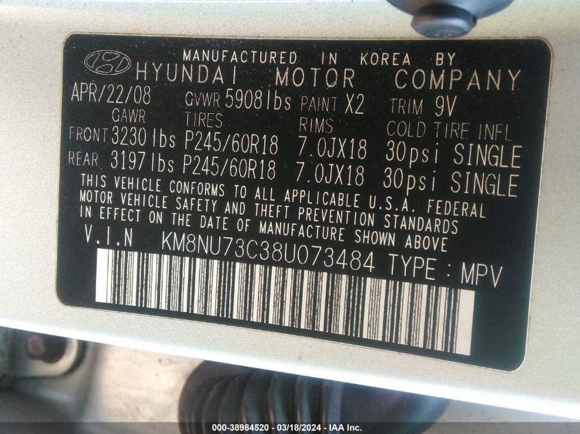 KM8NU73C38U073484 2008 Hyundai Veracruz Gls/Limited/Se