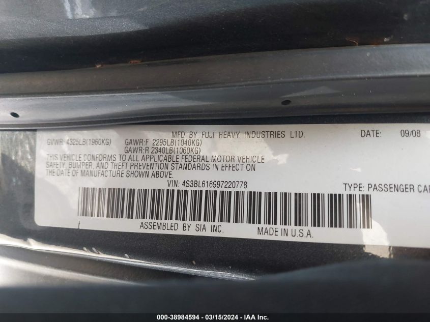 4S3BL616997220778 | 2009 SUBARU LEGACY