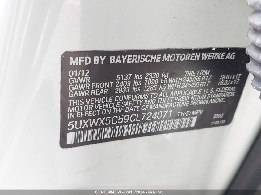 2012 BMW X3 xDrive28I VIN: 5UXWX5C59CL724071 Lot: 38984669