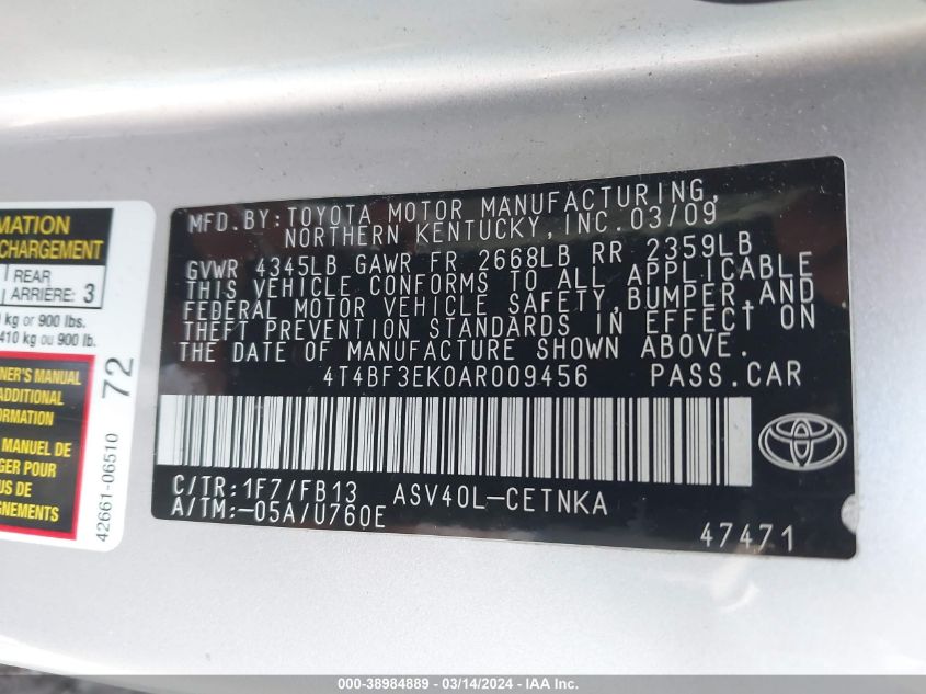 4T4BF3EK0AR009456 | 2010 TOYOTA CAMRY