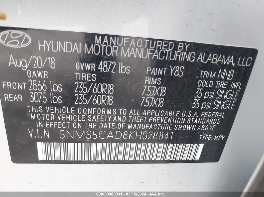 VIN 5NMS5CAD8KH028841 2019 HYUNDAI SANTA FE LIMITED