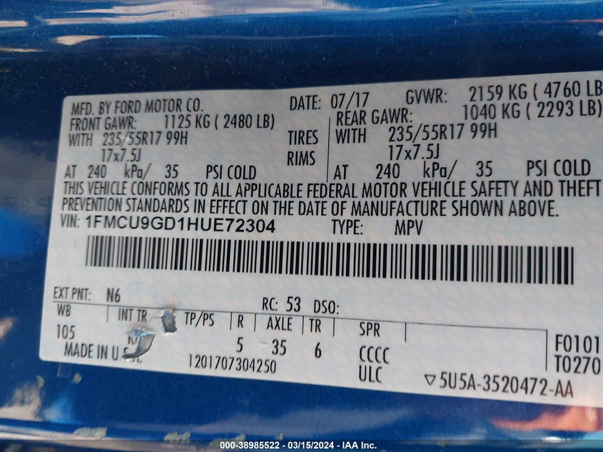 VIN 1FMCU9GD1HUE72304 2017 FORD ESCAPE SE
