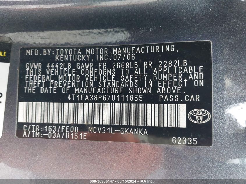 4T1FA38P67U111855 2007 Toyota Camry Solara Se