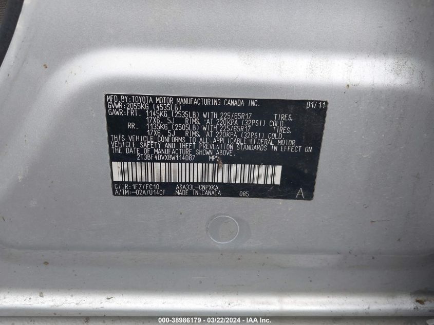 2T3BF4DVXBW114087 2011 Toyota Rav4