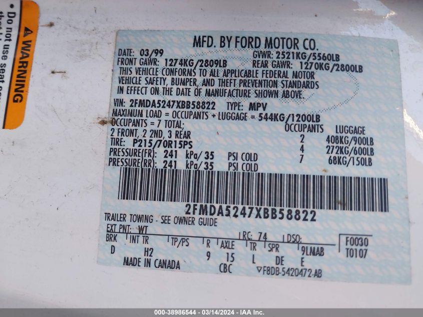 2FMDA5247XBB58822 1999 Ford Windstar Se