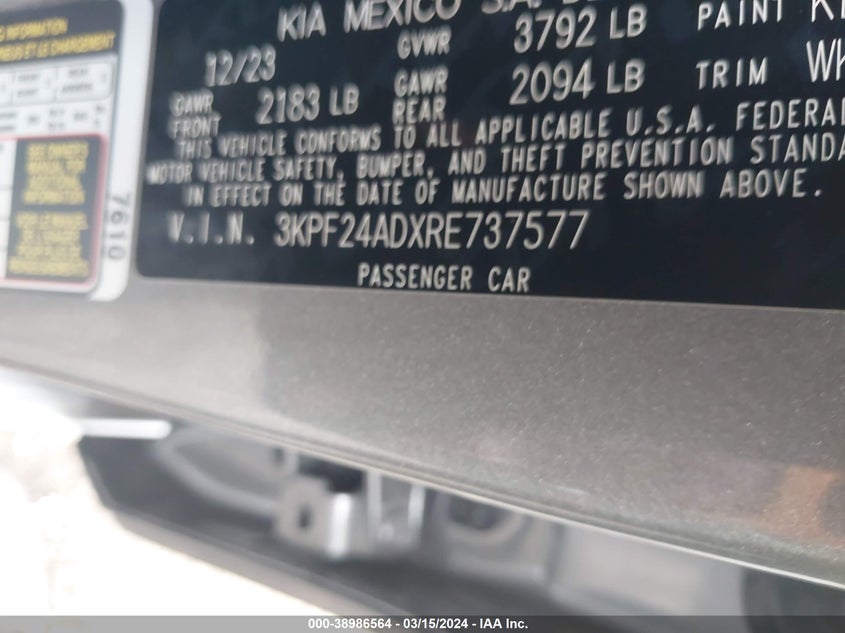VIN 3KPF24ADXRE737577 2024 KIA FORTE LXS