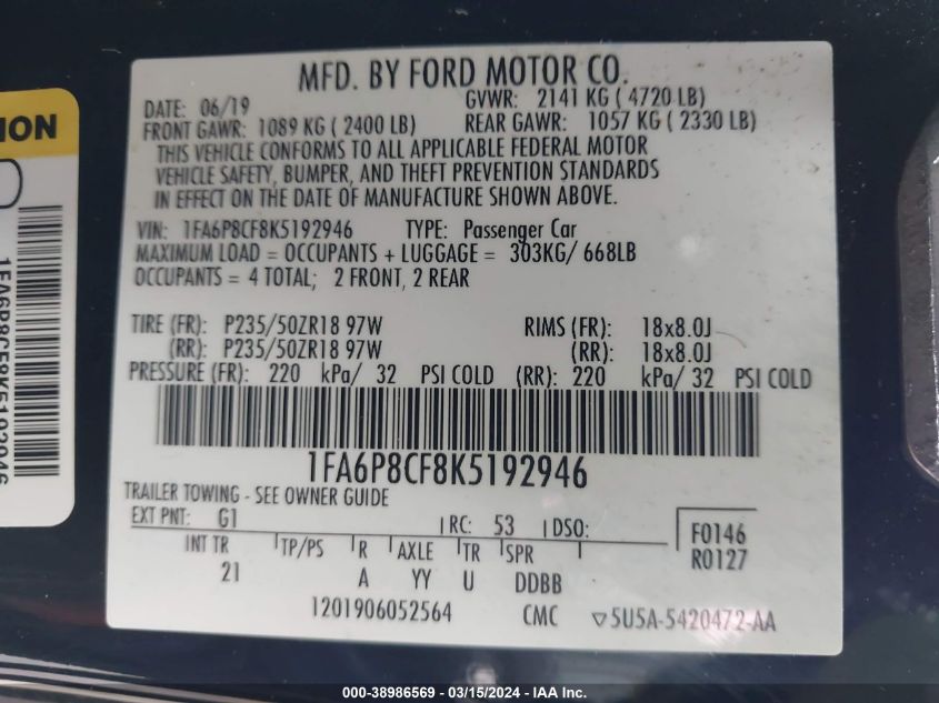 VIN 1FA6P8CF8K5192946 2019 FORD MUSTANG GT