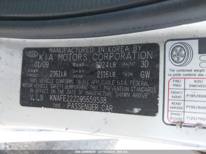 KNAFE222295659538 | 2009 KIA SPECTRA