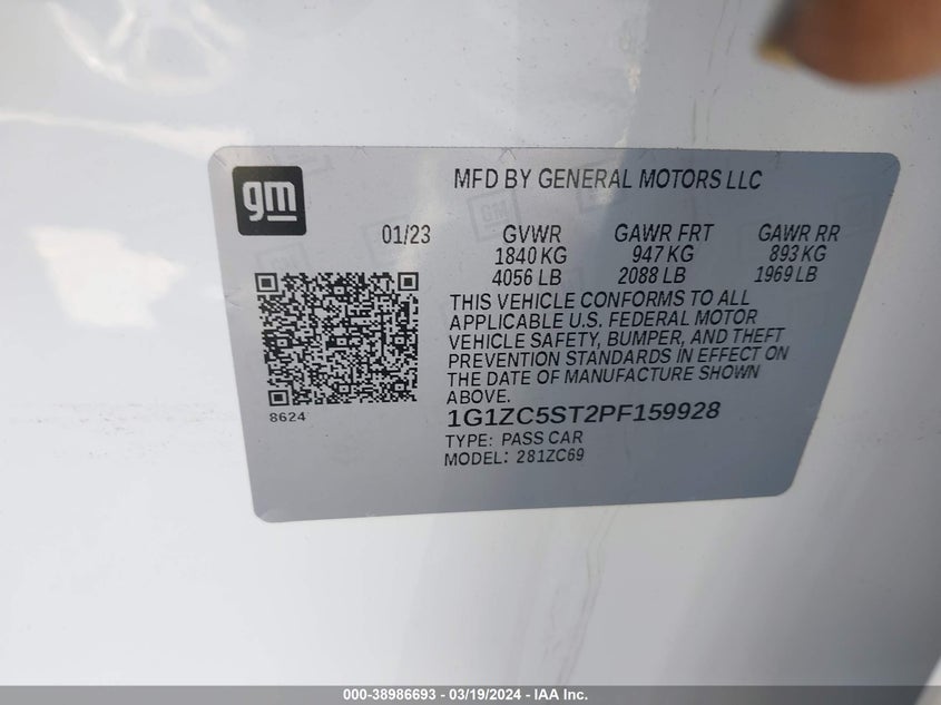 VIN 1G1ZC5ST2PF159928 2023 CHEVROLET MALIBU FWD 1FL