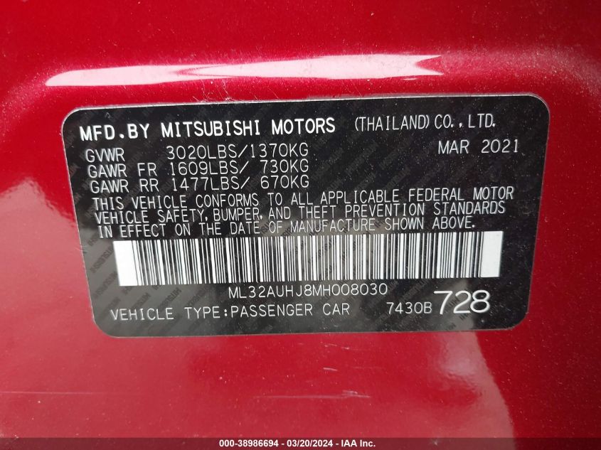 2021 Mitsubishi Mirage VIN: ML32AUHJ8MH008030 Lot: 38986694