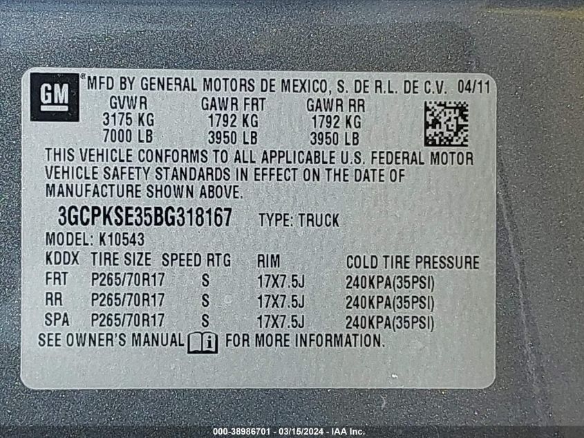 3GCPKSE35BG318167 | 2011 CHEVROLET SILVERADO 1500