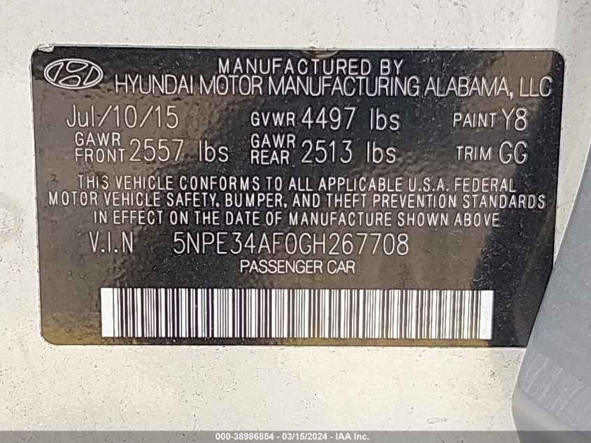 5NPE34AF0GH267708 | 2016 HYUNDAI SONATA