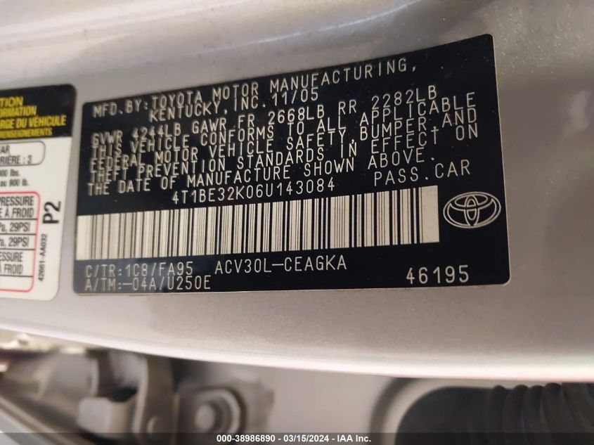 4T1BE32K06U143084 | 2006 TOYOTA CAMRY