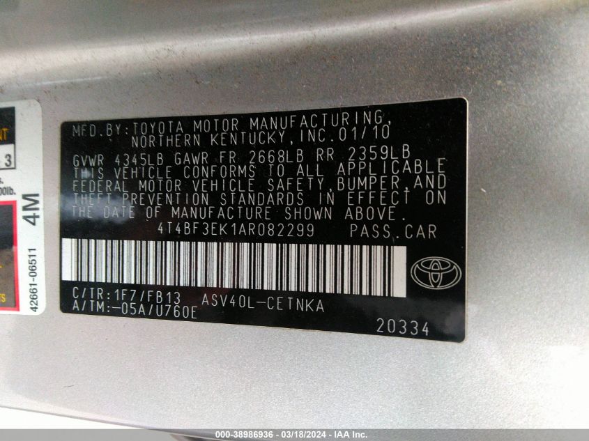 4T4BF3EK1AR082299 | 2010 TOYOTA CAMRY