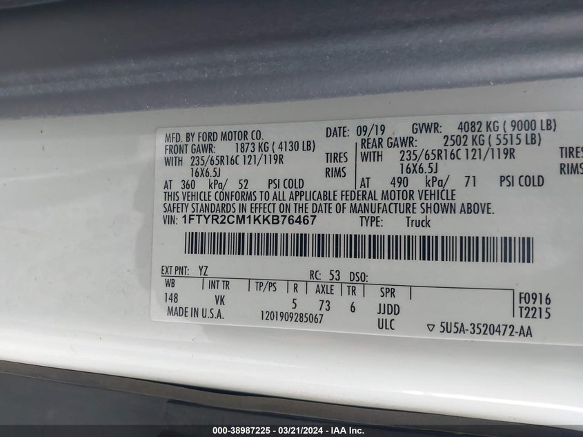 VIN 1FTYR2CM1KKB76467 2019 FORD TRANSIT-250 T-250