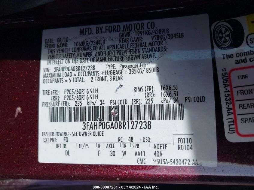 3FAHP0GA0BR127238 | 2011 FORD FUSION