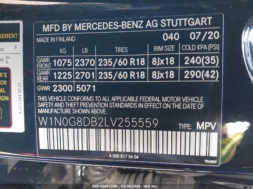 2020 Mercedes-Benz Glc 300 VIN: W1N0G8DB2LV255559 Lot: 38987256