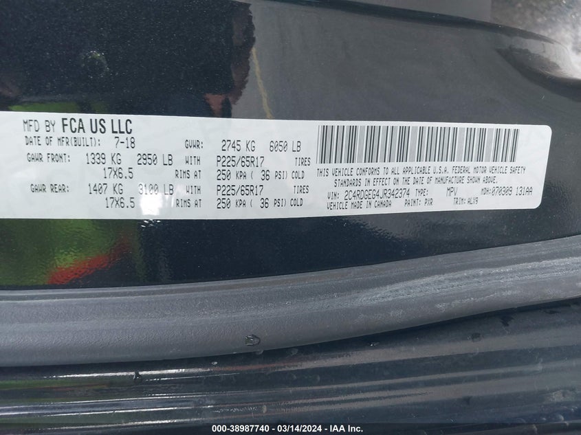 2018 DODGE GRAND CARAVAN GT - 2C4RDGEG4JR342374