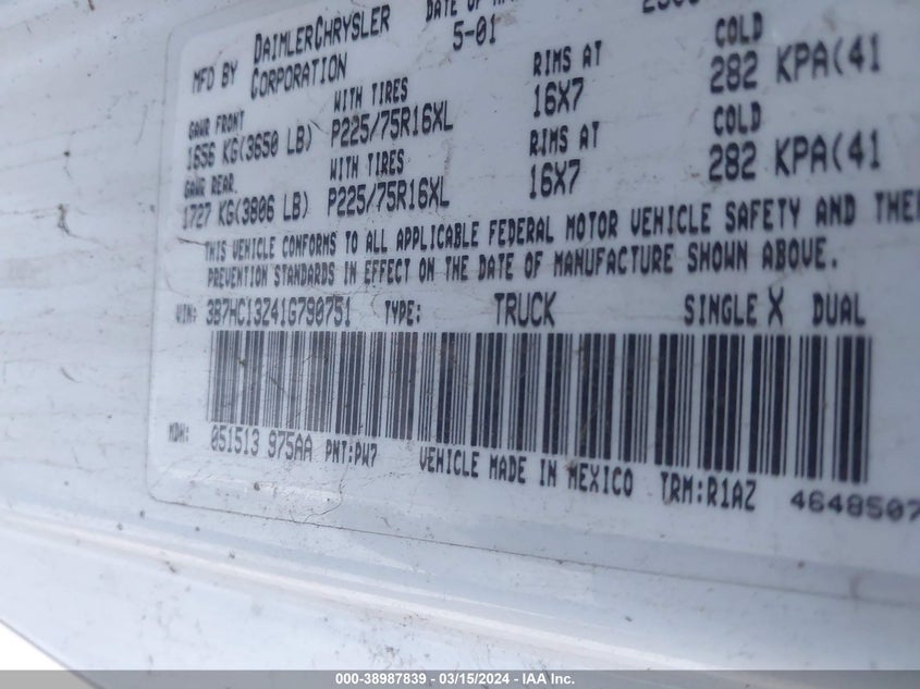 2001 Dodge Ram 1500 St VIN: 3B7HC13Z41G790751 Lot: 38987839