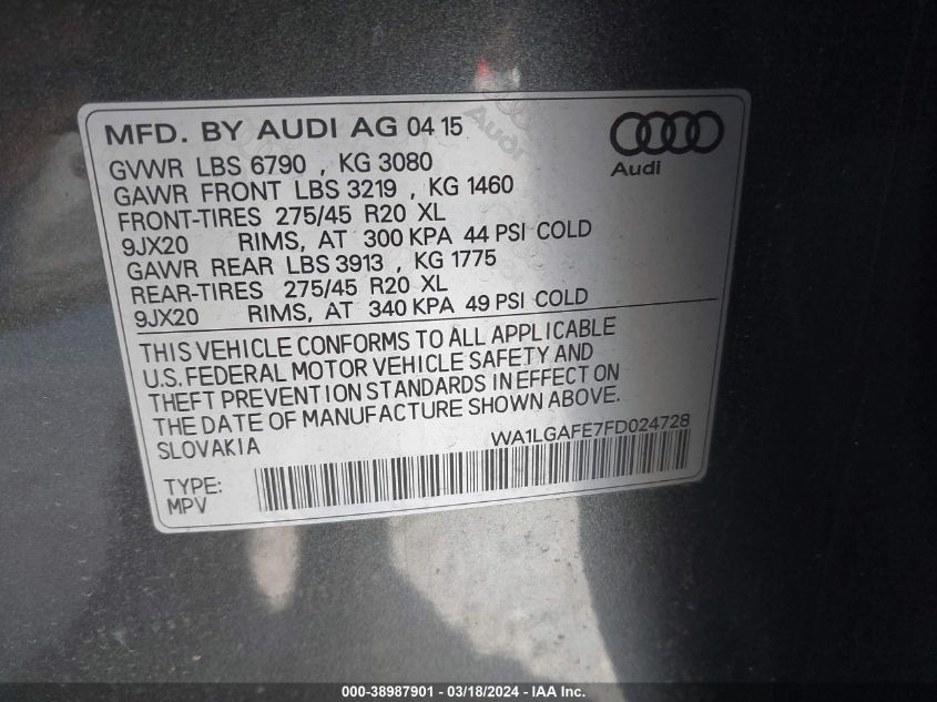 2015 Audi Q7 3.0T Premium VIN: WA1LGAFE7FD024728 Lot: 38987901