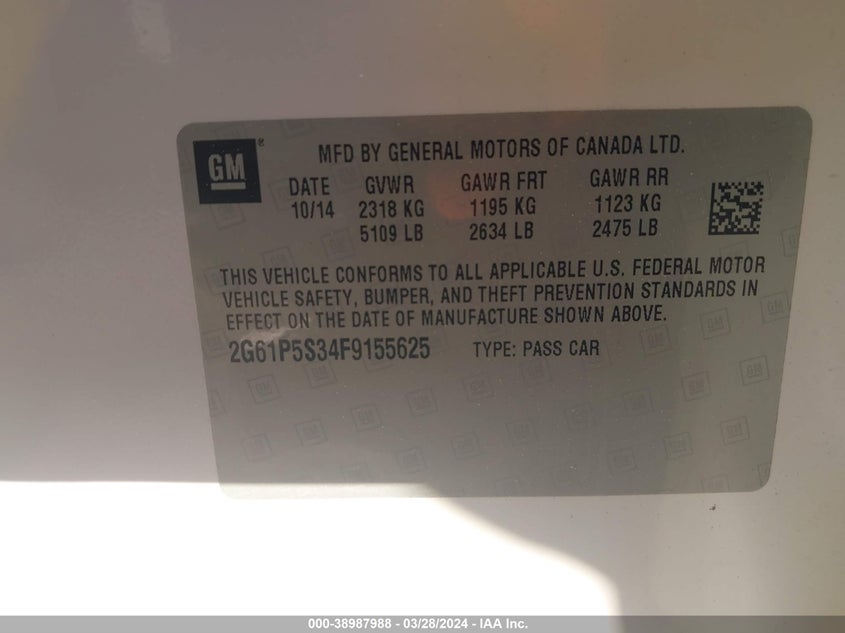 2015 CADILLAC XTS VIN: 2G61P5S34F9155625