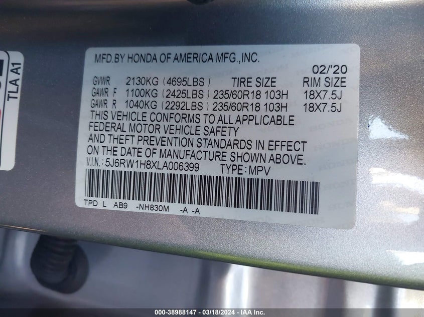 2020 HONDA CR-V EXL - 5J6RW1H8XLA006399