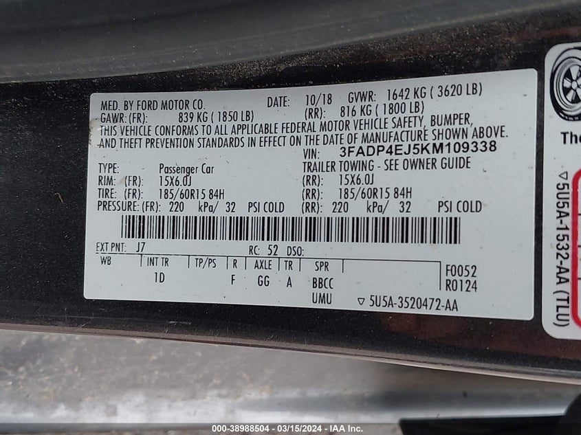VIN 3FADP4EJ5KM109338 2019 FORD FIESTA SE