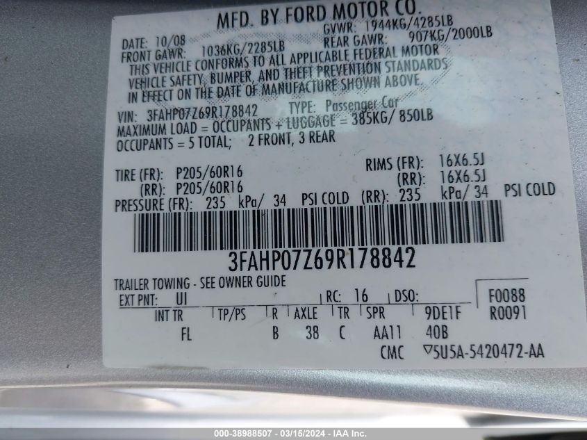 3FAHP07Z69R178842 | 2009 FORD FUSION