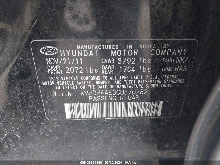 KMHDH4AE3CU370282 | 2012 HYUNDAI ELANTRA