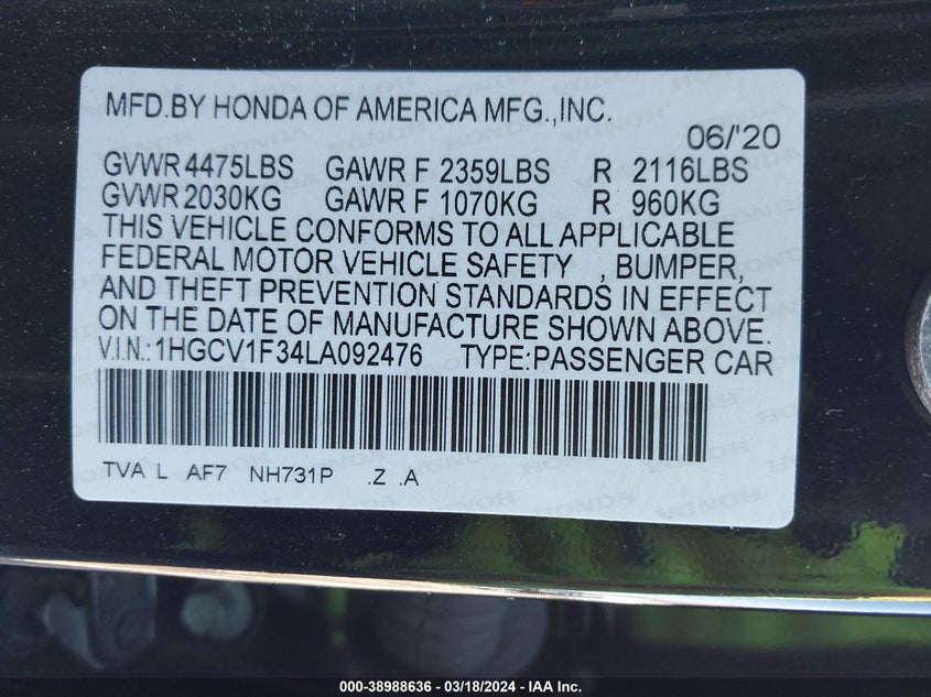 VIN 1HGCV1F34LA092476 2020 HONDA ACCORD SPORT