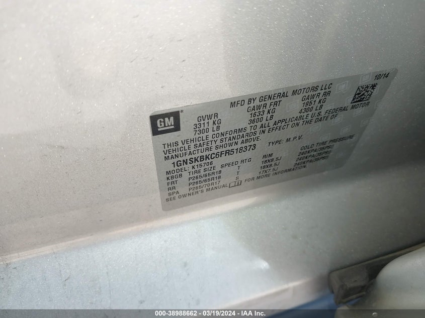 2015 CHEVROLET TAHOE LT - 1GNSKBKC6FR518373