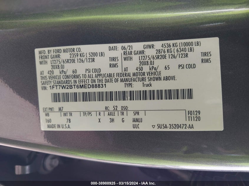 2021 FORD F-250 PLATINUM - 1FT7W2BT6MED88831