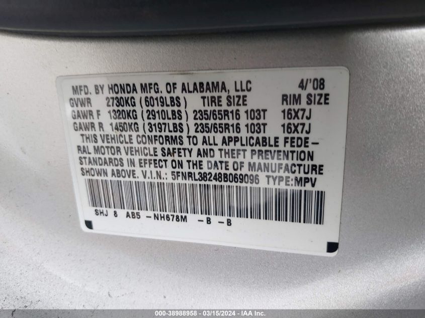 5FNRL38248B069096 2008 Honda Odyssey Lx